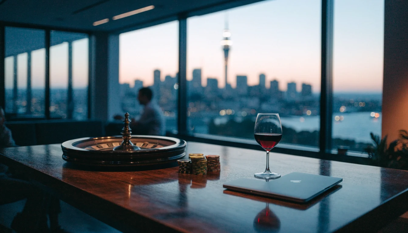 Upscale Auckland lounge with roulette wheel, chips, and closed laptop at dusk