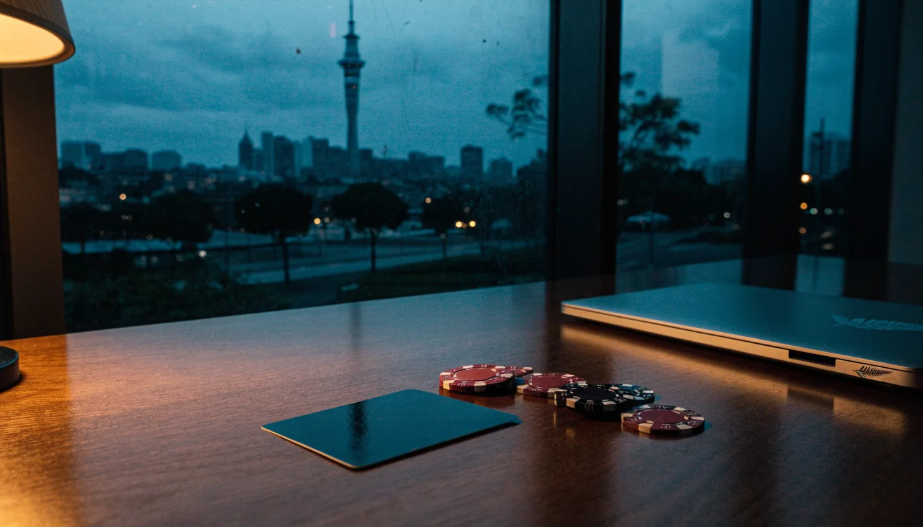 Casino chips and a card on a desk with a New Zealand city skyline at dusk