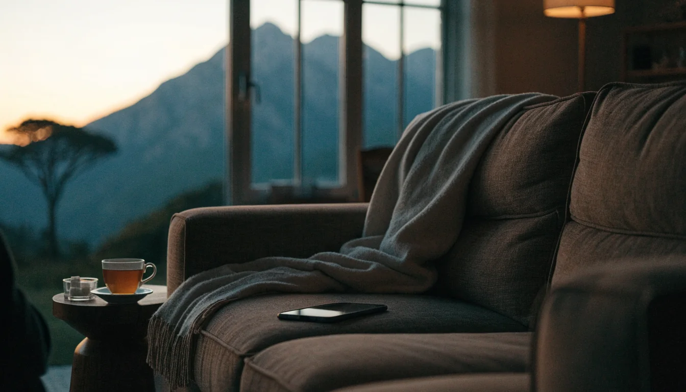 Cozy New Zealand living room at dusk with a smartphone placed face-down on the sofa.