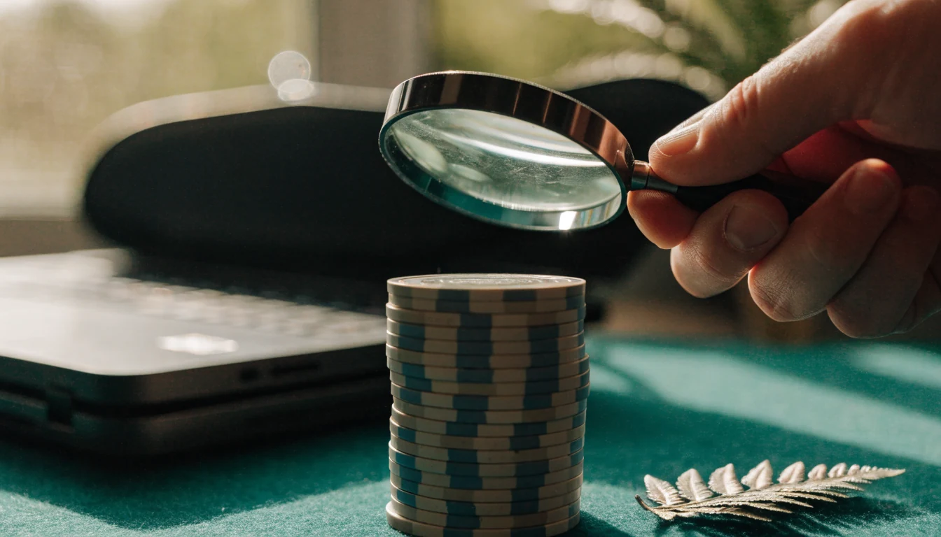 Magnifying glass inspecting casino chips beside a silver fern on a table