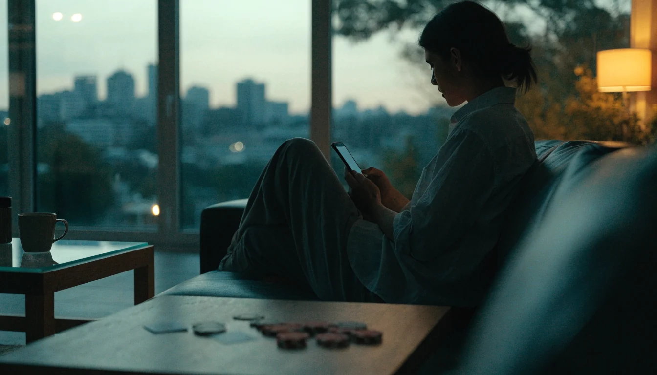 Person relaxing on sofa with smartphone in New Zealand apartment at dusk, poker chips on table.